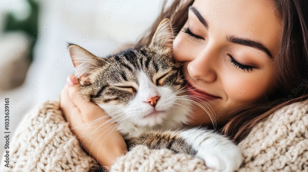 A young woman embraces her relaxed cat, both wrapped in warm sweaters, showcasing the warmth and companionship shared during peaceful moments indoors.