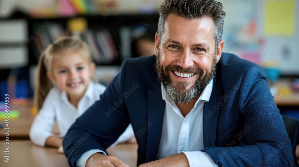 A man in a suit smiles warmly towards the camera, with a young girl in the background, both in a colorful classroom environment filled with educational materials. A man in a suit smiles warmly towards the camera, with a young girl in the background, both in a colorful classroom environment filled with educational materials.