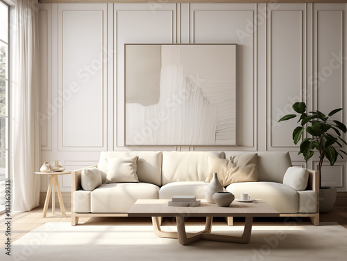 Modern living room interior with wood panneling walls un natural color. Nature inspired interior with large artwork and autumn accent colors