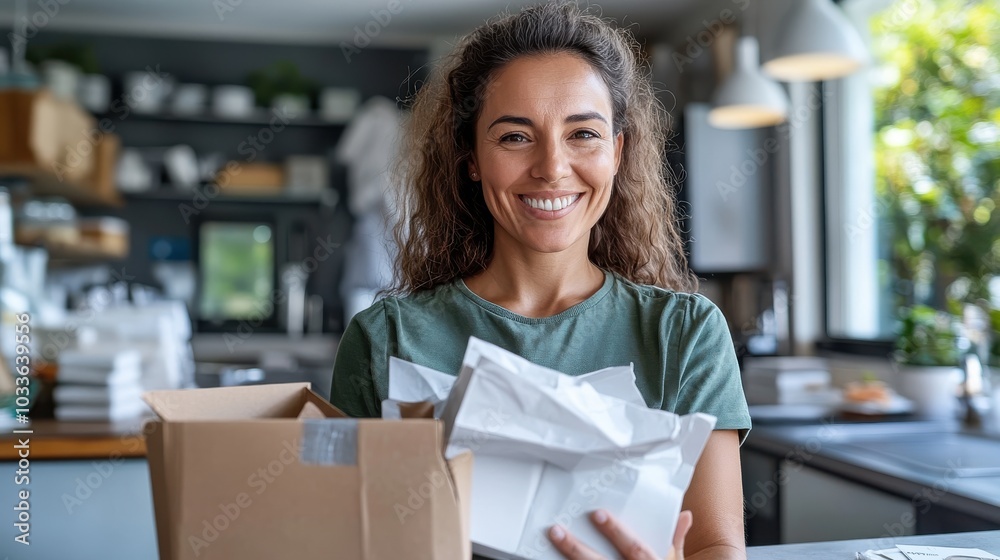 A cheerful woman with curly hair is happily opening a package in her kitchen, surrounded by plants, signifying the everyday joy of receiving mail at home.