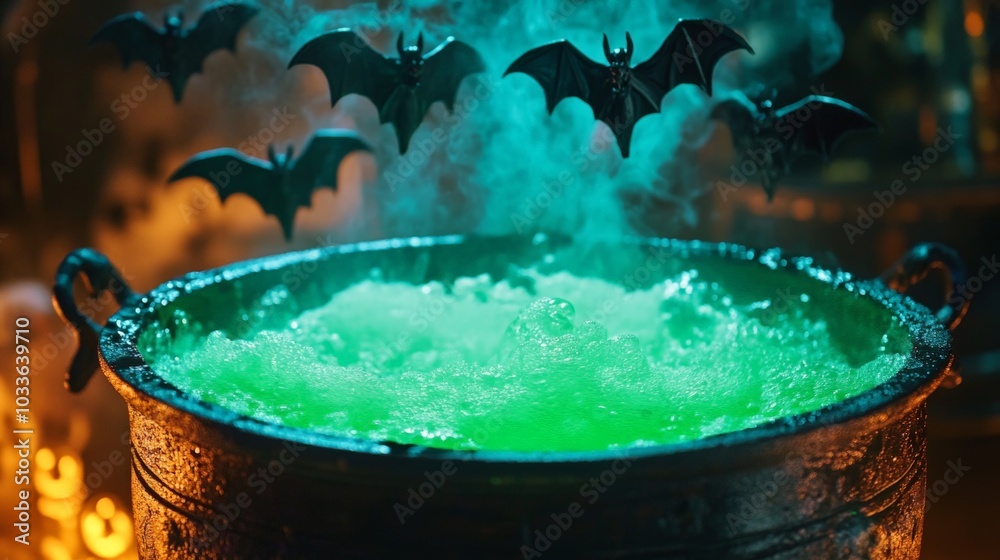 Bubbling Cauldron with Spooky Bats and Green Liquid Bubbling Cauldron with Spooky Bats and Green Liquid