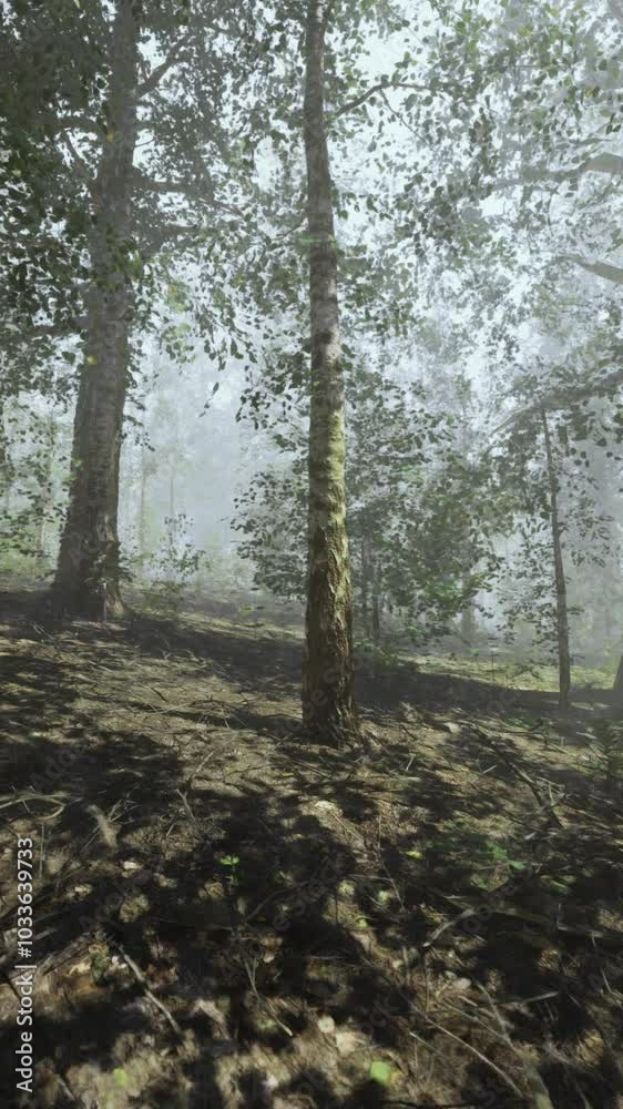 A foggy forest with a mesmerizing display of birch trees A foggy forest with a mesmerizing display of birch trees