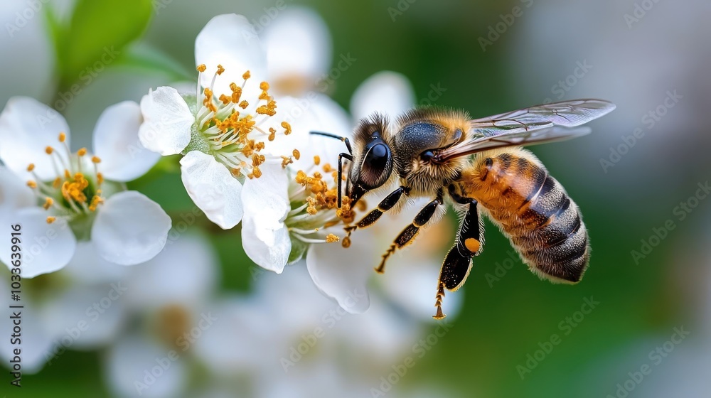 A hardworking bee collects pollen from a delicate white blossom, highlighting the essential role of bees in pollination and the beauty of nature's cycles. A hardworking bee collects pollen from a delicate white blossom, highlighting the essential role of bees in pollination and the beauty of nature's cycles.