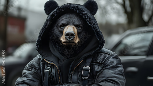 Schwarzer Bär in Lederjacke mit ernster Miene photo