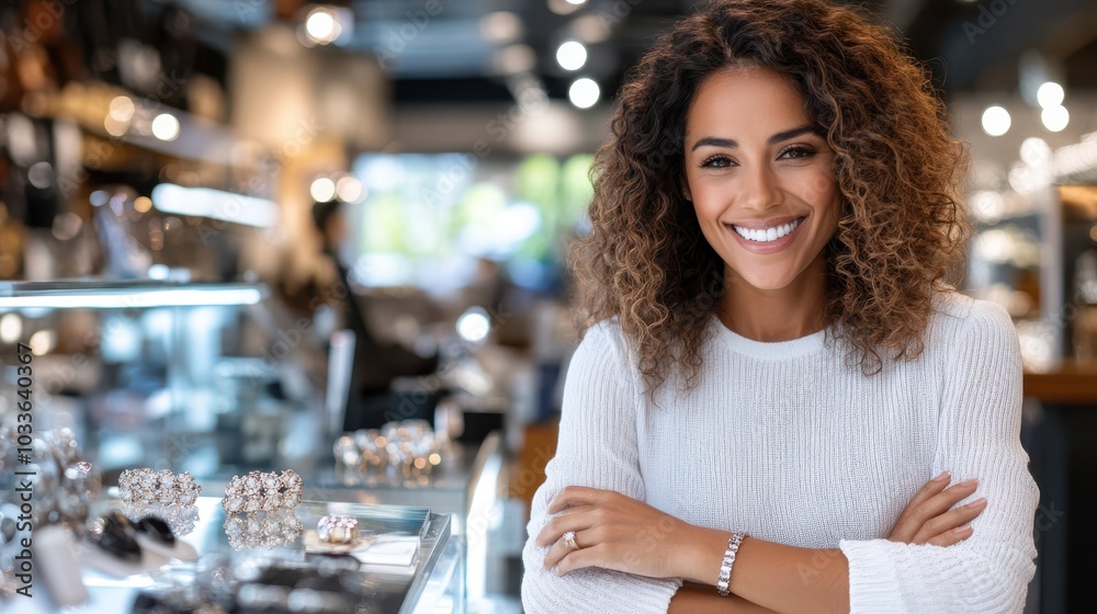 A woman with curly hair and a bright smile stands in a jewelry store, arms crossed, in front of an array of beautiful pieces. Her confidence radiates warmly. A woman with curly hair and a bright smile stands in a jewelry store, arms crossed, in front of an array of beautiful pieces. Her confidence radiates warmly.