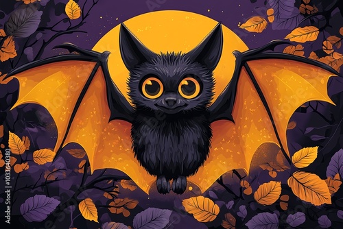 A cute black bat with large glowing orange eyes is flying in front of a full yellow moon, surrounded by purple leaves and branches in a whimsical Halloween setting
