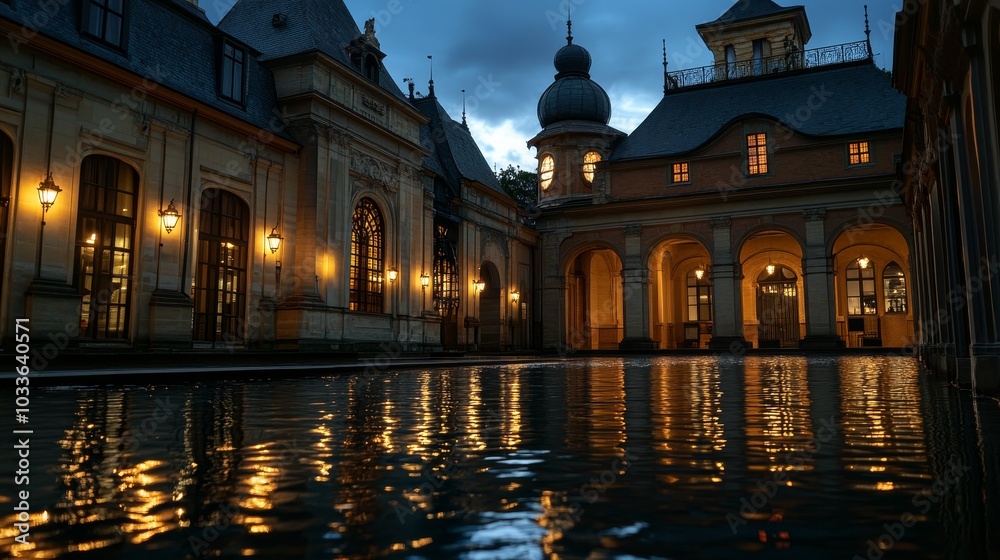 Obraz premium A serene courtyard with illuminated architecture reflecting in water at dusk.