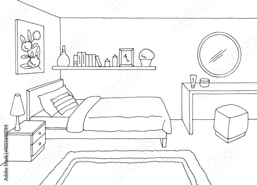 Bedroom graphic black white home interior sketch illustration vector 