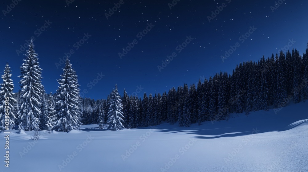 A serene winter landscape under a starry night sky, featuring snow-covered trees and a tranquil atmosphere. A serene winter landscape under a starry night sky, featuring snow-covered trees and a tranquil atmosphere.