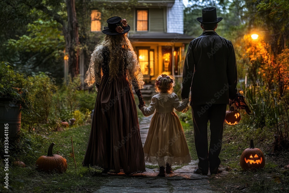 Rear view of a family dressed up in costume for Halloween with generati ai Rear view of a family dressed up in costume for Halloween with generati ai