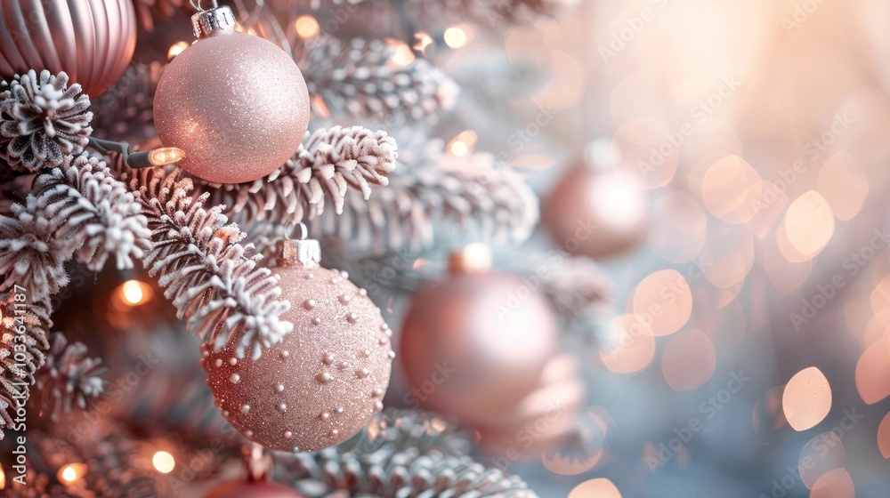 Elegant Christmas ornaments in various shades of pink and silver hanging on snowy pine branches with twinkling fairy lights in the background creating a cozy and festive winter scene Elegant Christmas ornaments in various shades of pink and silver hanging on snowy pine branches with twinkling fairy lights in the background creating a cozy and festive winter scene