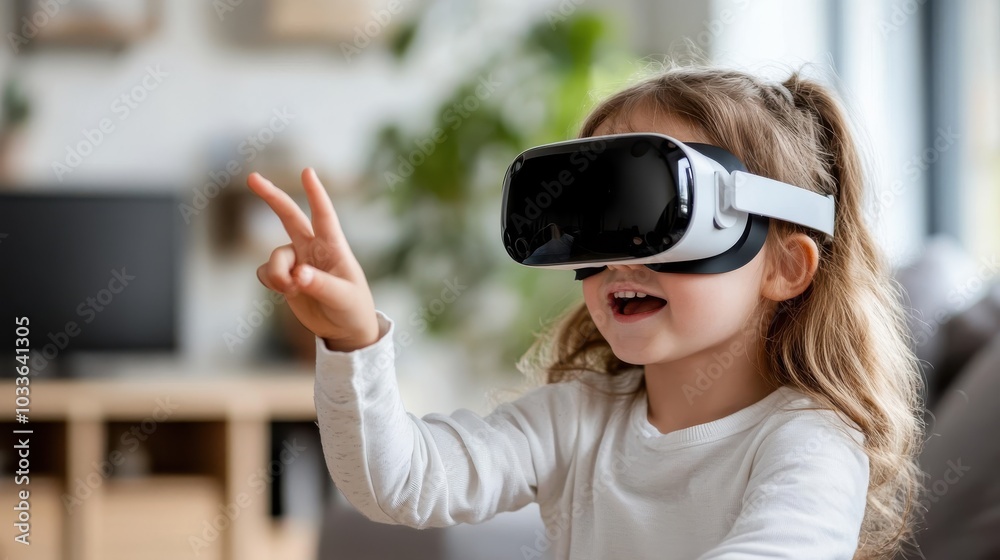 A young girl with long hair, immersed in a virtual reality experience while wearing a VR headset, enthusiastically gesturing in a modern, bright room setting. A young girl with long hair, immersed in a virtual reality experience while wearing a VR headset, enthusiastically gesturing in a modern, bright room setting.