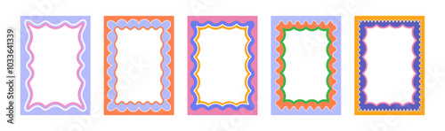 Set of Retro FRAMES WITH DOODLE orange, RED, PINK curvy squiggly wavy. Wave scalloped edge frame. Cute curved frame box. Trendy vector template for greeting card, poster, invitation, social media