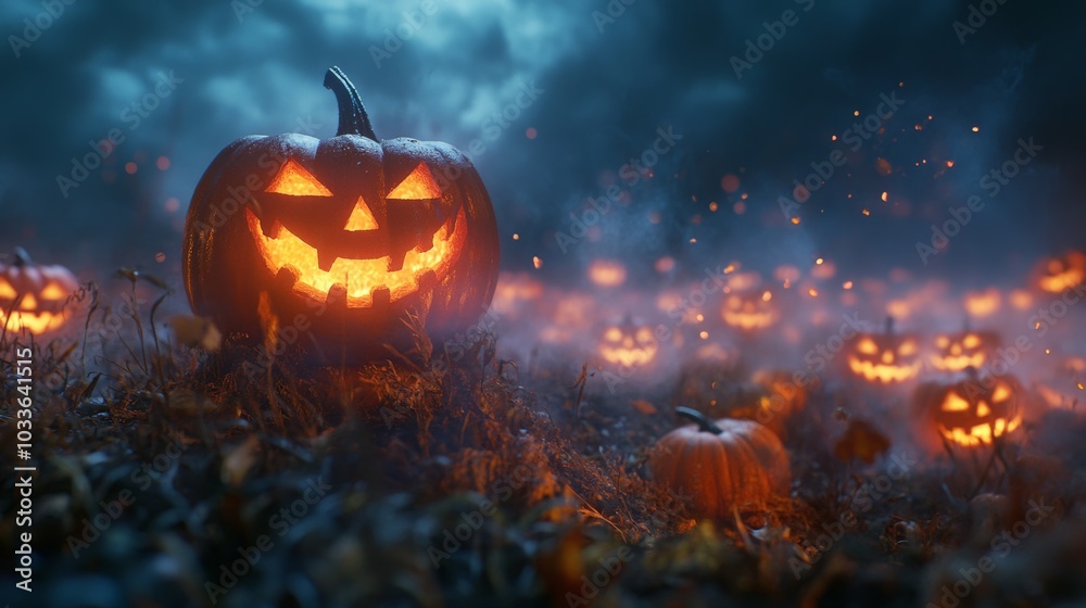Spooky Halloween Pumpkin in a Mysterious Atmosphere Spooky Halloween Pumpkin in a Mysterious Atmosphere