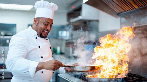 A skilled chef in white uniform and hat expertly flambes a dish with a large burst of flames in a professional kitchen setting, showcasing culinary art.