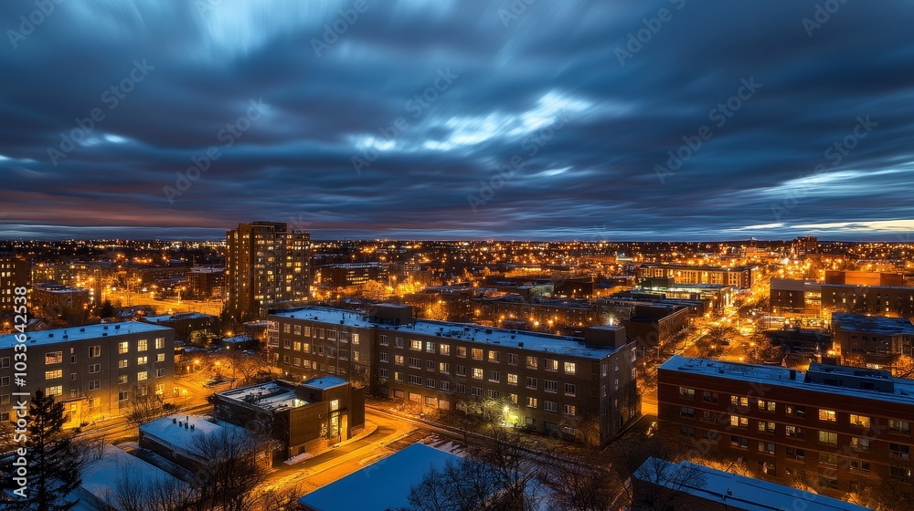A nighttime cityscape illuminated by streetlights under a dramatic sky. A nighttime cityscape illuminated by streetlights under a dramatic sky.