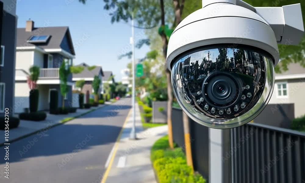 Security camera mounted on a pole, overlooking a suburban street with houses and trees in the background.