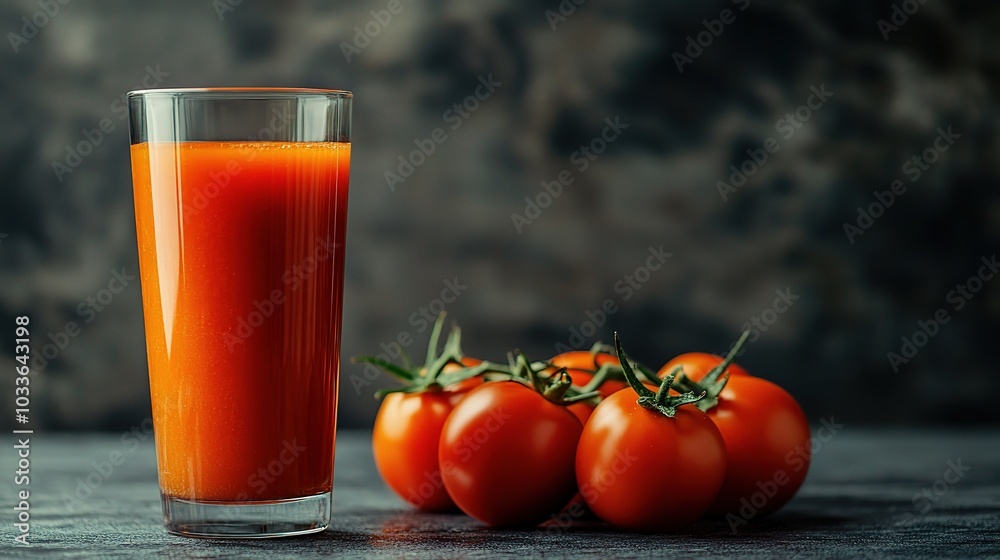 Fresh Tomato Juice in a Glass Next to Ripe Tomatoes Fresh Tomato Juice in a Glass Next to Ripe Tomatoes