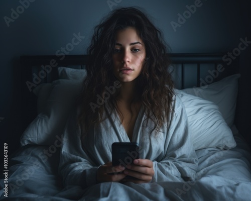 Young woman Doomscrolling in bed at night, checking phone and reading negative news with a worried and anxious expression photo