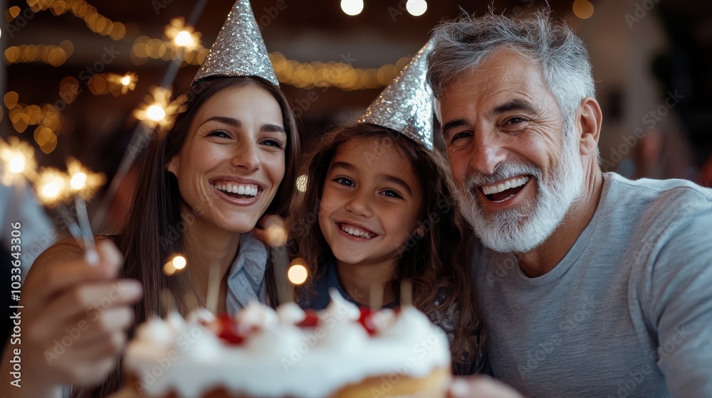 Family gathered in celebration around a cake with sparklers, adorned in shiny party hats, displaying joyful expressions and festive cheer in a warmly lit venue. Family gathered in celebration around a cake with sparklers, adorned in shiny party hats, displaying joyful expressions and festive cheer in a warmly lit venue.