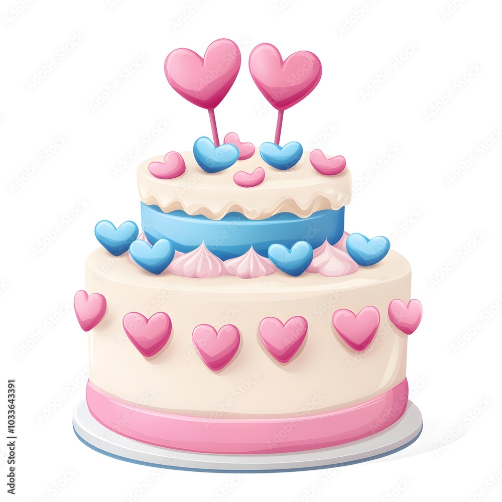 Two Tiered Heart Shaped Cake With Pink And Blue Decorations Two Tiered Heart Shaped Cake With Pink And Blue Decorations