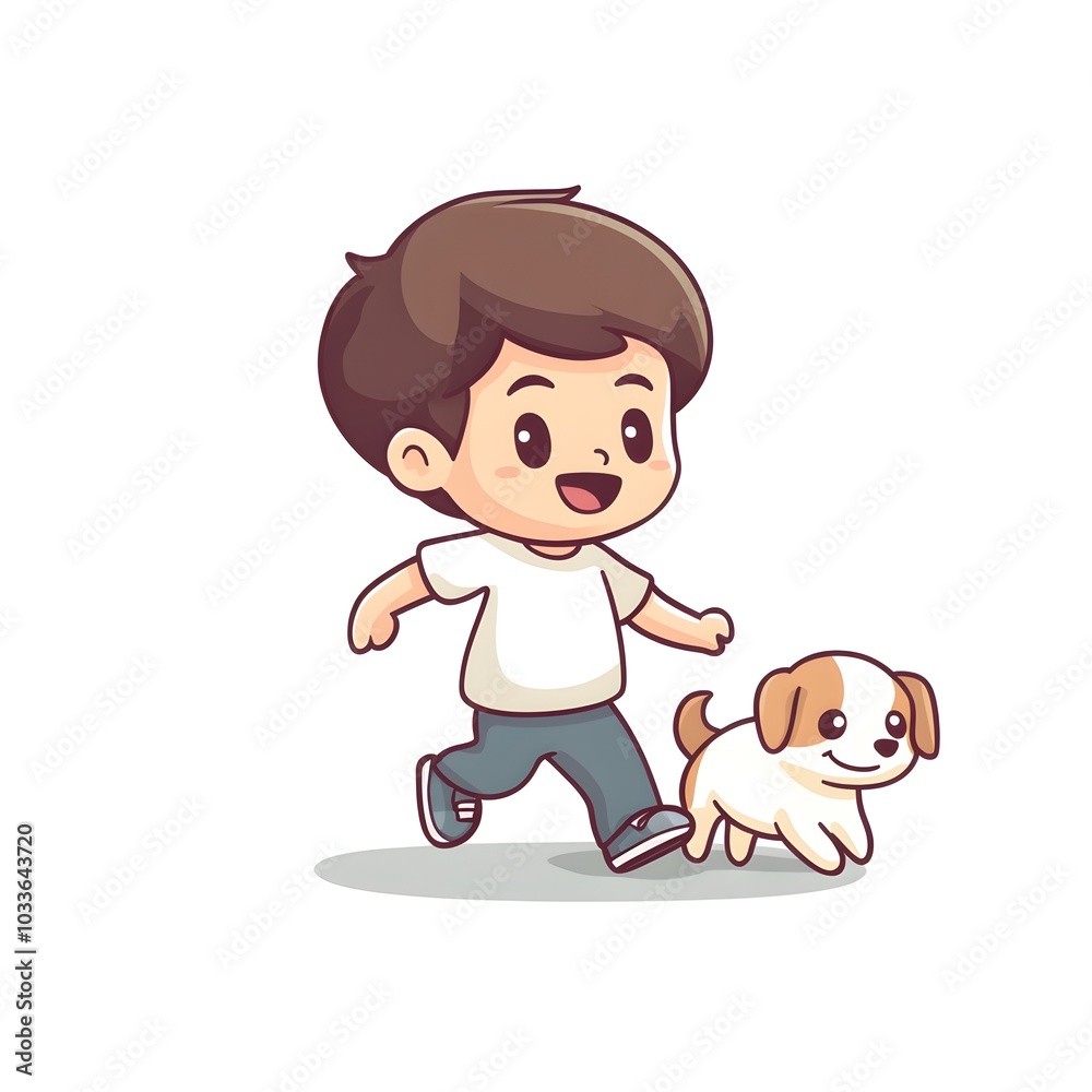 Cute Boy Walking His Puppy Dog Cartoon Illustration Cute Boy Walking His Puppy Dog Cartoon Illustration