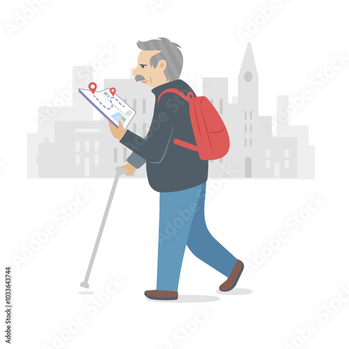 Elderly Man Tourist Navigating with Guidebook in City