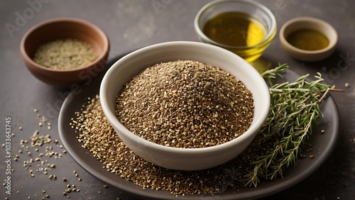 A bowl of Middle Eastern za'atar spice blend made from thyme, sesame seeds, sumac, and salt, paired with a dish of olive oil for dipping, set on a textured background. photo