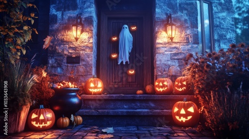 Spooky Halloween Porch with Jack-o'-Lanterns and Ghost