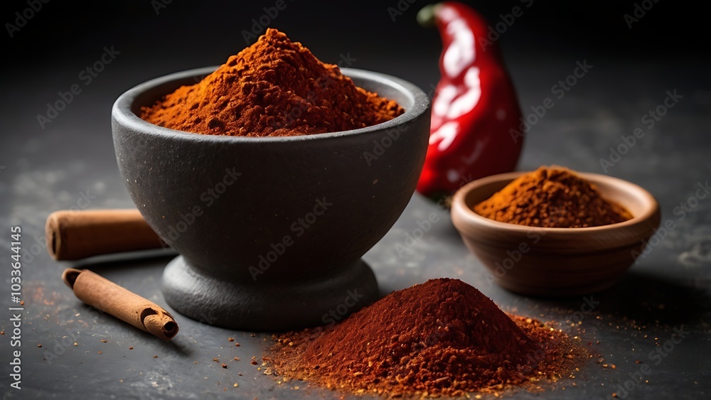 A close-up of Mexican chili powder with dried peppers like ancho, guajillo, and chipotle, spread on a stone mortar with a traditional pestle, capturing the bold heat of Mexican cuisine. A close-up of Mexican chili powder with dried peppers like ancho, guajillo, and chipotle, spread on a stone mortar with a traditional pestle, capturing the bold heat of Mexican cuisine.