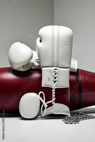 Vibrant Boxing Gloves and Rich Red Leather Punching Bag – Fitness and Combat Gear in Focus photo