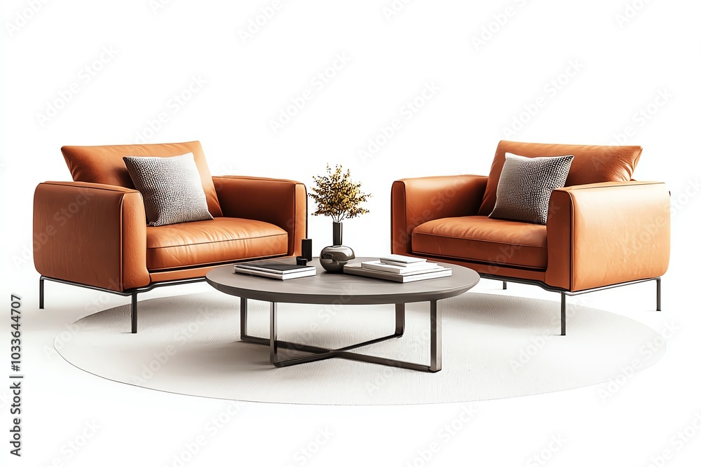 Fototapeta premium Stylish orange armchairs and a modern coffee table on a white isolated background, perfect for contemporary decor.