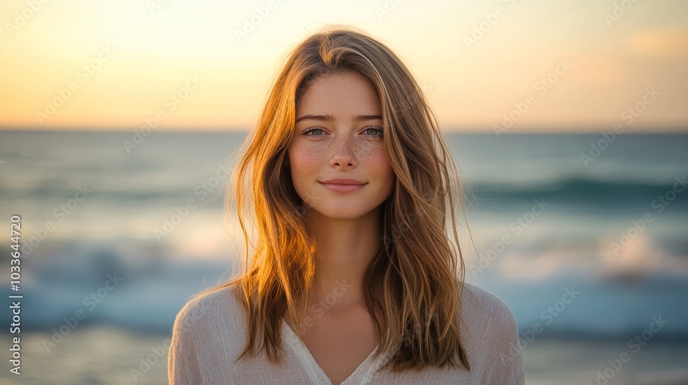 A young woman with fresh, glowing skin, standing by the ocean at sunrise, the warm light highlighting her natural beauty and serene expression, waves gently crashing in the background A young woman with fresh, glowing skin, standing by the ocean at sunrise, the warm light highlighting her natural beauty and serene expression, waves gently crashing in the background