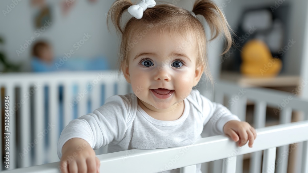 An adorable baby with pigtails grins widely while holding onto the edge of a white crib, dressed in a white outfit that complements the nursery's peaceful ambiance. An adorable baby with pigtails grins widely while holding onto the edge of a white crib, dressed in a white outfit that complements the nursery's peaceful ambiance.
