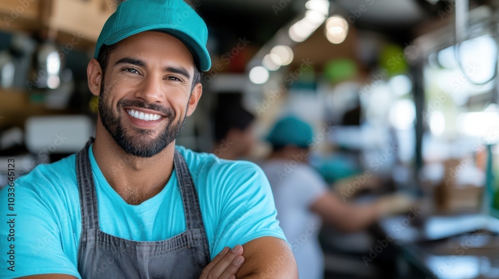 A friendly worker in a teal uniform beams with pride in a bustling food truck environment, exuding warmth and friendliness as they serve culinary delights.