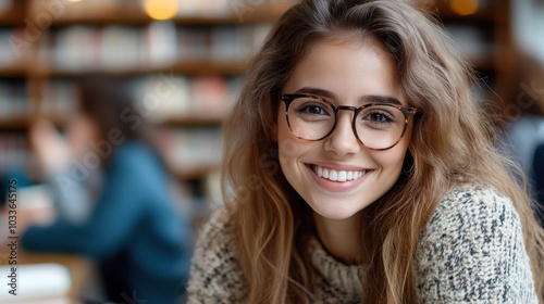 A young woman with glasses is smiling warmly, sitting comfortably in a cozy library environment, creating an inviting and studious atmosphere.