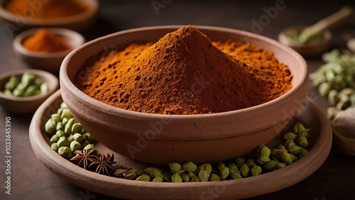 A fiery Ethiopian Mitmita spice blend with ground chili, cumin, and cardamom, arranged in a rustic clay dish, reflecting the bold and intense flavors of Ethiopian cuisine. photo