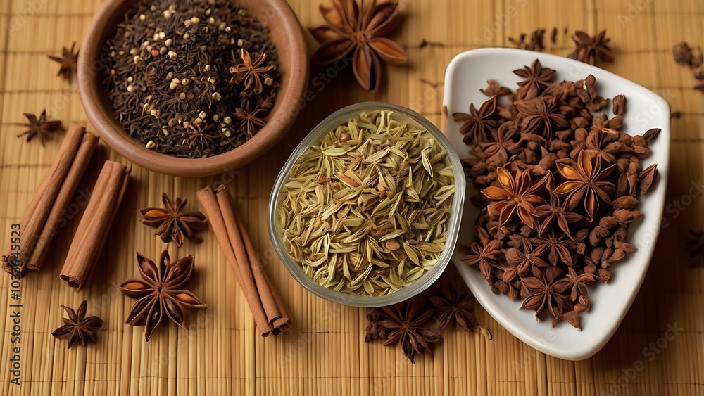 A fragrant Chinese five-spice blend featuring star anise, cloves, cinnamon, Sichuan peppercorns, and fennel, arranged on a bamboo mat for an Asian culinary experience.
A fragrant Chinese five-spice blend featuring star anise, cloves, cinnamon, Sichuan peppercorns, and fennel, arranged on a bamboo mat for an Asian culinary experience.