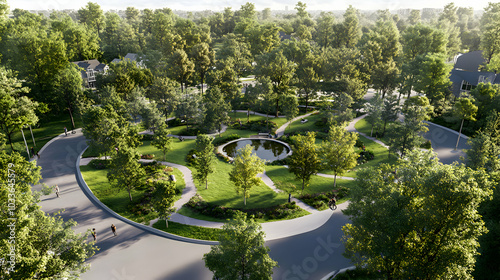 A peaceful city park with winding paths, tall trees, and a central pond, creating a green space for urban residents photo