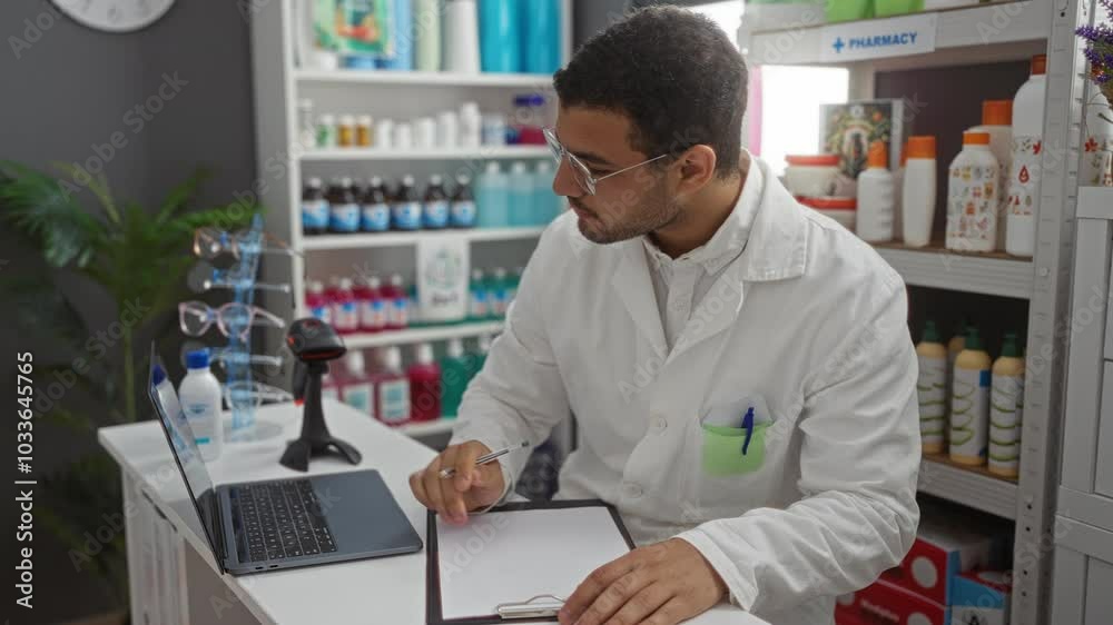 Young man wearing a lab coat in a pharmacy shop writing on a clipboard near a laptop and surrounded by various pharmacy items. Young man wearing a lab coat in a pharmacy shop writing on a clipboard near a laptop and surrounded by various pharmacy items.