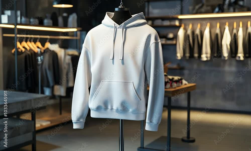 White hooded sweatshirt on a mannequin in a clothing store. White hooded sweatshirt on a mannequin in a clothing store.