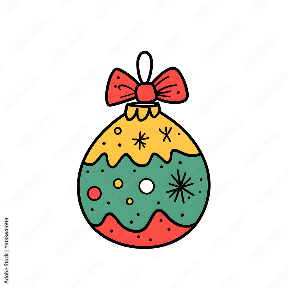 Hand Drawn Christmas Ornament with Bow and Festive Decorations