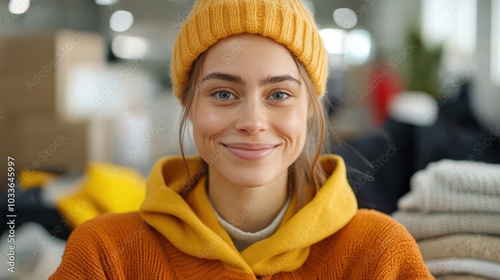 A young woman wearing an orange sweater and yellow beanie smiles warmly in a cozy indoor setting surrounded by soft, folded clothes in the background. A young woman wearing an orange sweater and yellow beanie smiles warmly in a cozy indoor setting surrounded by soft, folded clothes in the background.