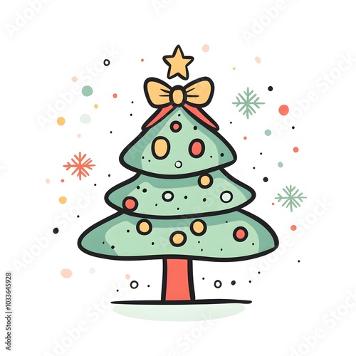 Cute Christmas Tree Illustration with Ornaments and Snowflakes