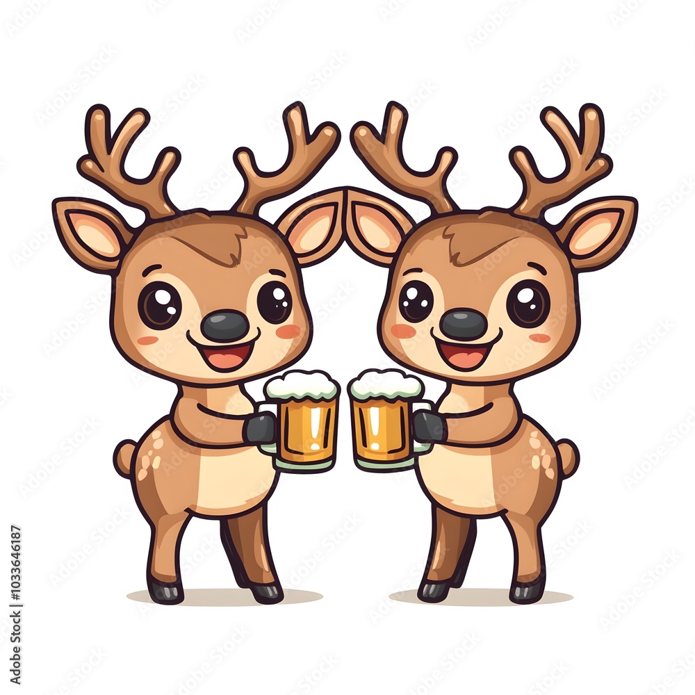 Cute Cartoon Reindeer Toasting with Beer Mugs Friendship Celebration Party Animal Cute Cartoon Reindeer Toasting with Beer Mugs Friendship Celebration Party Animal
