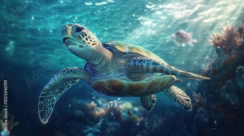 Sea turtle swimming gracefully in vibrant underwater scene, coral reef background