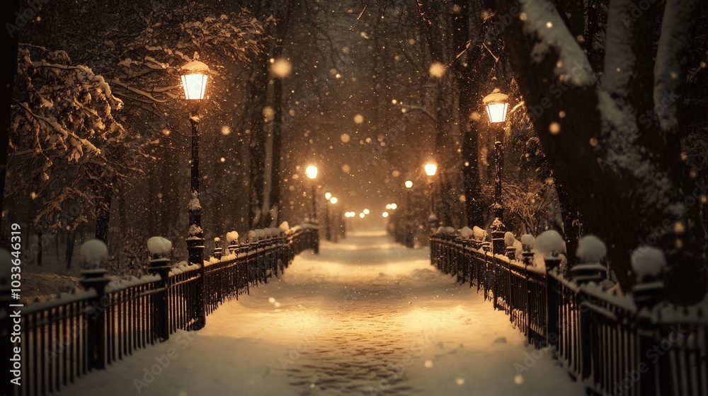 Fototapeta premium A serene snowy pathway illuminated by street lamps in a tranquil winter setting.