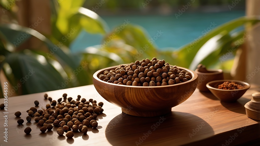 A rustic wooden bowl filled with a fragrant mixture of Caribbean allspice, cloves, and nutmeg, set on a sunlit tropical table, evoking the warm flavors of the Caribbean.
