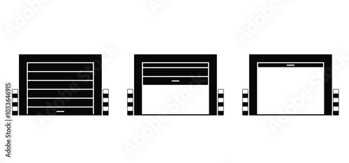 Cartoon car parking or garage box icon. Vehicle repair maintenance garage. Garage door, security and protection of a auto mobile. Open or closed doors. Roller shutter garage. Roll up door strip lines.