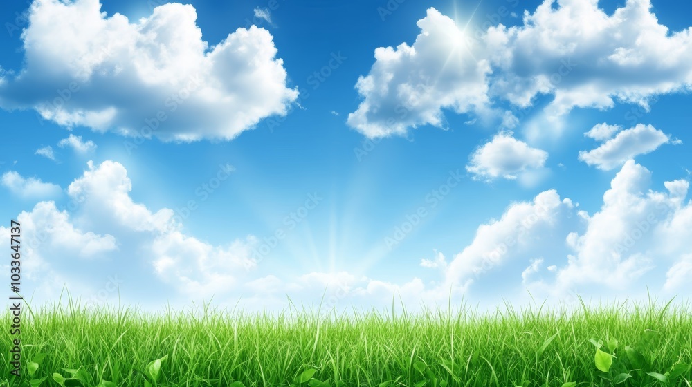 Serene green grass field under a blue sky with fluffy white clouds captivating nature vista Serene green grass field under a blue sky with fluffy white clouds captivating nature vista
